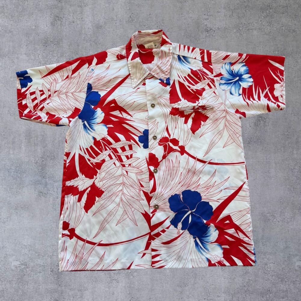 Vintage 70s Paradise Hawaii Shirt Mens Medium Red White Blue Hibiscus Aloha USA